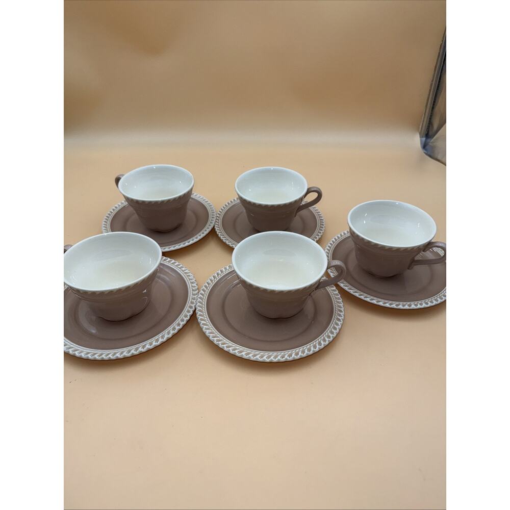 Vintage Harkerware Chesterton Pattern Pink Cocoa Cups & Plates 6.25” Set Of 10pc